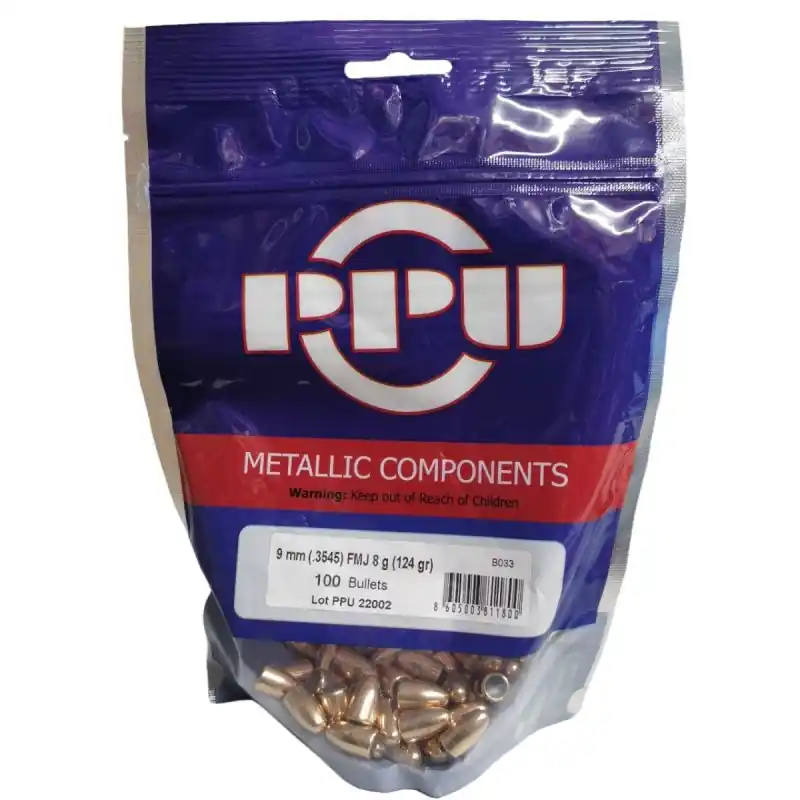 PPU PALLE PER RICARICA CAL 9 mm (.3545) FMJ - 8 GRAMMI - 124 GRANI - 500 PZ buellistore
