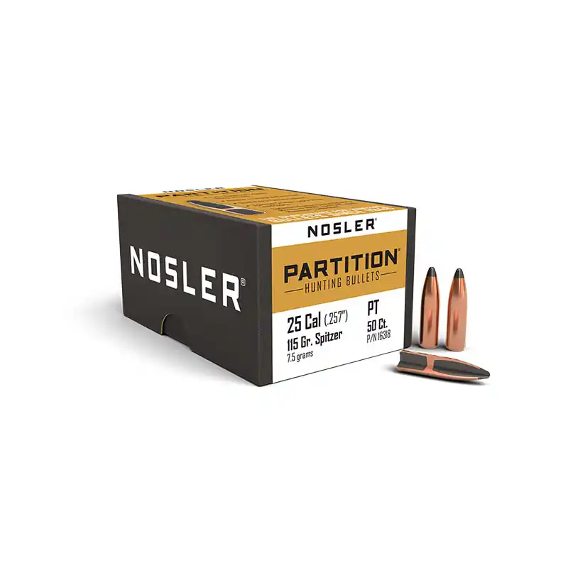 NOSLER - PARTITION HUNTING BULLETS 25 caliber (.257 ") Spitzer 115 grain (7.4 grams) 50pz