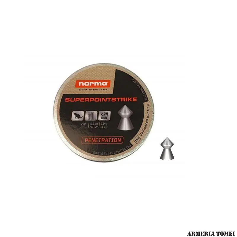NORMA - SUPERPOINTSTRIKE 5,5MM (.22) <24JOULE 0,94g 14,5gr PENETRATION (200 PZ)