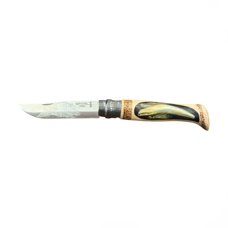 COLTELLO - OPINEL - N.9 INOX REALIZZATO A MANO CON DENTE DI CINGHIALE