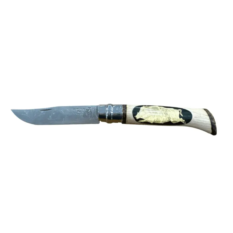 COLTELLO - OPINEL - N.10 INOX REALIZZATO A MANO (CINGHIALE + 3 GHIANDE)