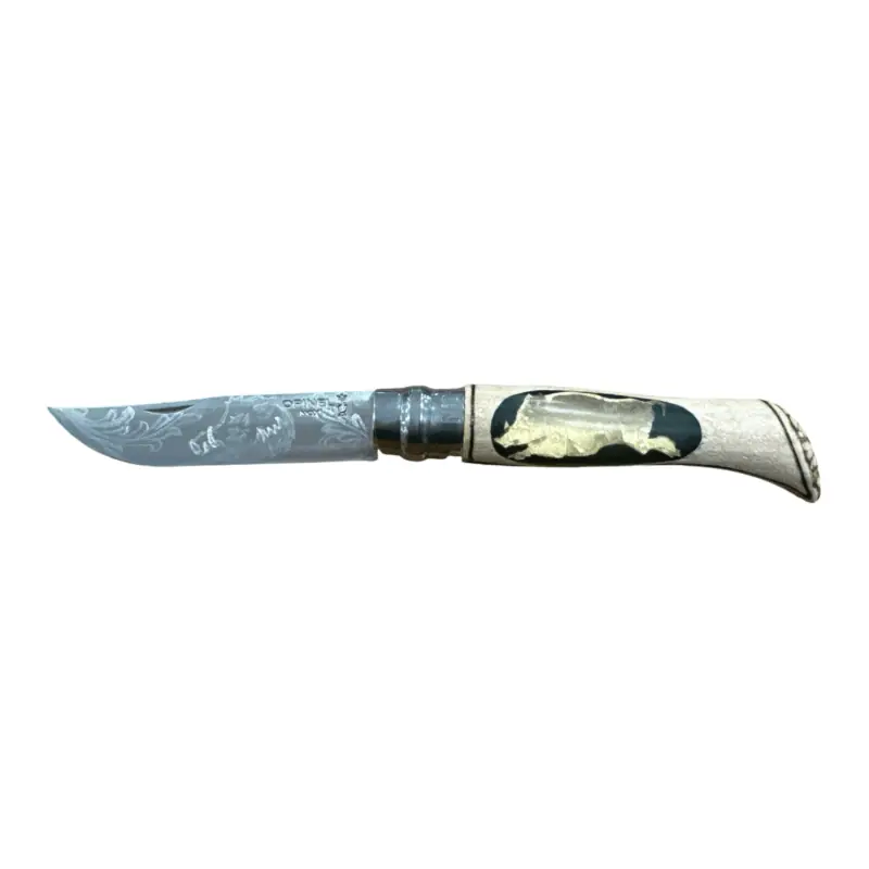 COLTELLO - OPINEL - N.9 INOX REALIZZATO A MANO (CINGHIALE + 2 GHIANDE)