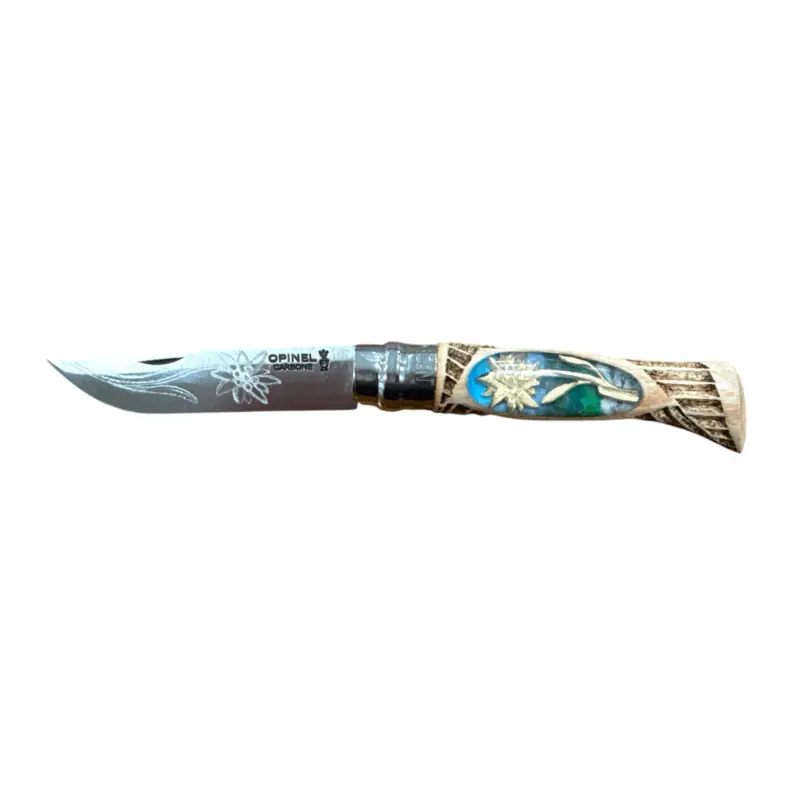 COLTELLO - OPINEL - N.9 CARBONE REALIZZATO A MANO CON STELLA ALPINA + INTRECCIO