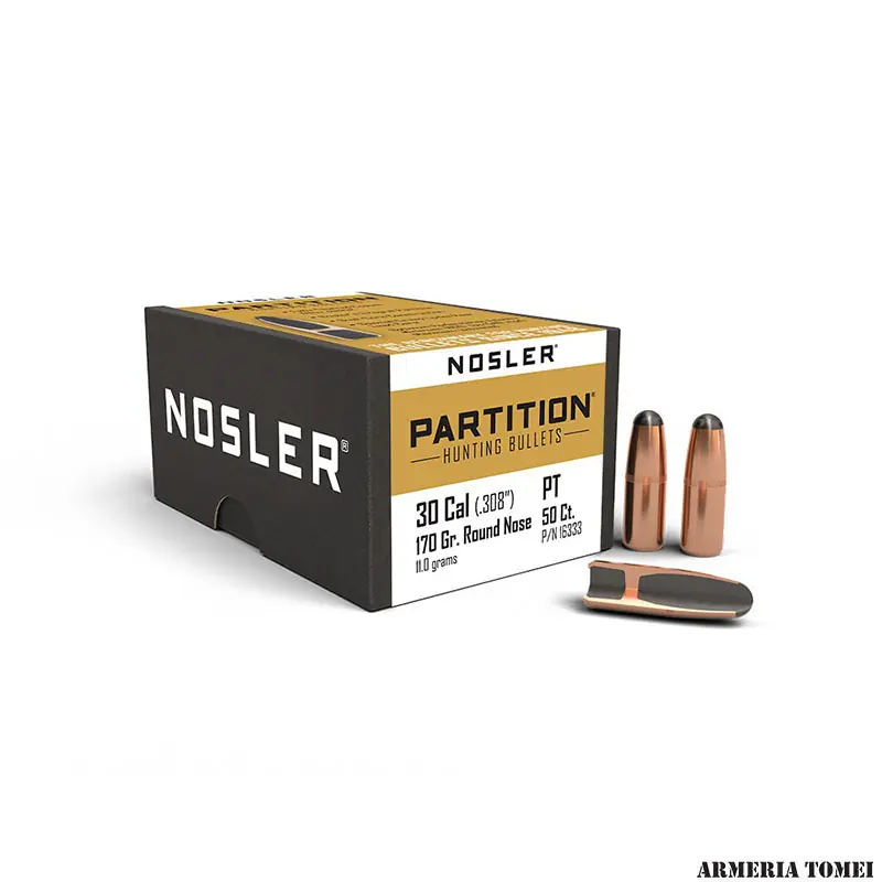 NOSLER - PALLE - PARTITION 30 caliber (.308 ") Round Nose 170grainn (11.0grams) CANN.460 (50pz)