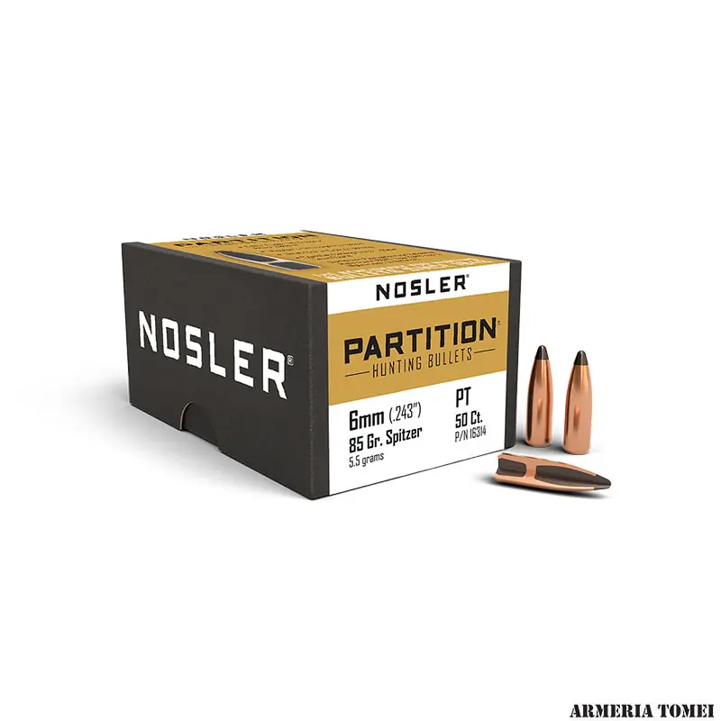 PALLE - NOSLER - PARTITION HUNTING BULLETS 6mm caliber (.243 ") Spitzer 85gr (5.5 grams) (50pz) -16314