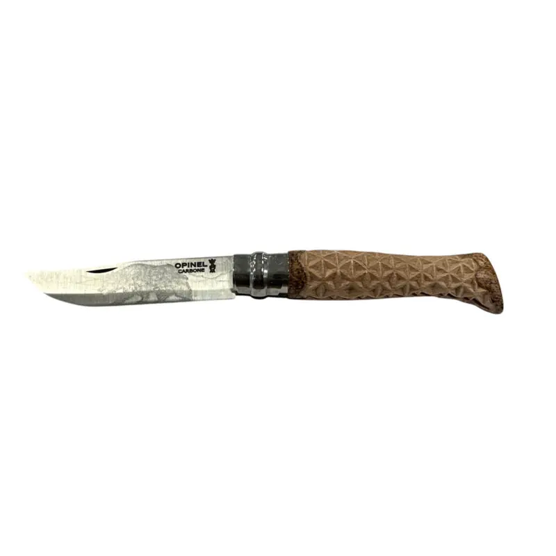 COLTELLO - OPINEL - N.9 CARBONE REALIZZATO A MANO INTAGLIO A TRIANGOLI LAMA ORSO
