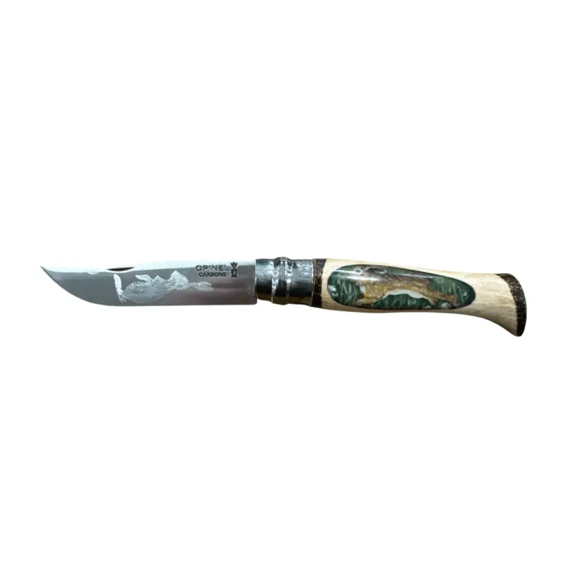COLTELLO - OPINEL - N.9 CARBONE REALIZZATO A MANO CON LEPRE