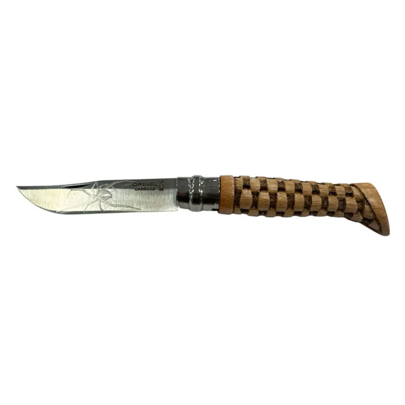 COLTELLO - OPINEL - N.9 CARBONE REALIZZATO A MANO INTAGLIO A MAGLIA LAMA VEDOVA NERA
