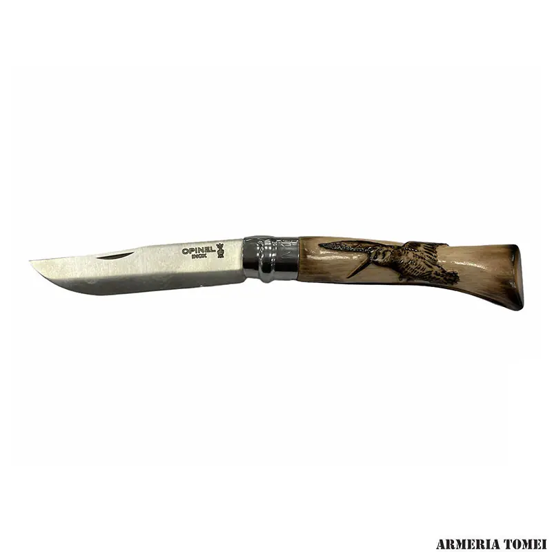 COLTELLO - OPINEL - N.10 CARBONIO CON DISEGNO - BECCACCIA/SCENA CACCIA - REALIZZATO A MANO