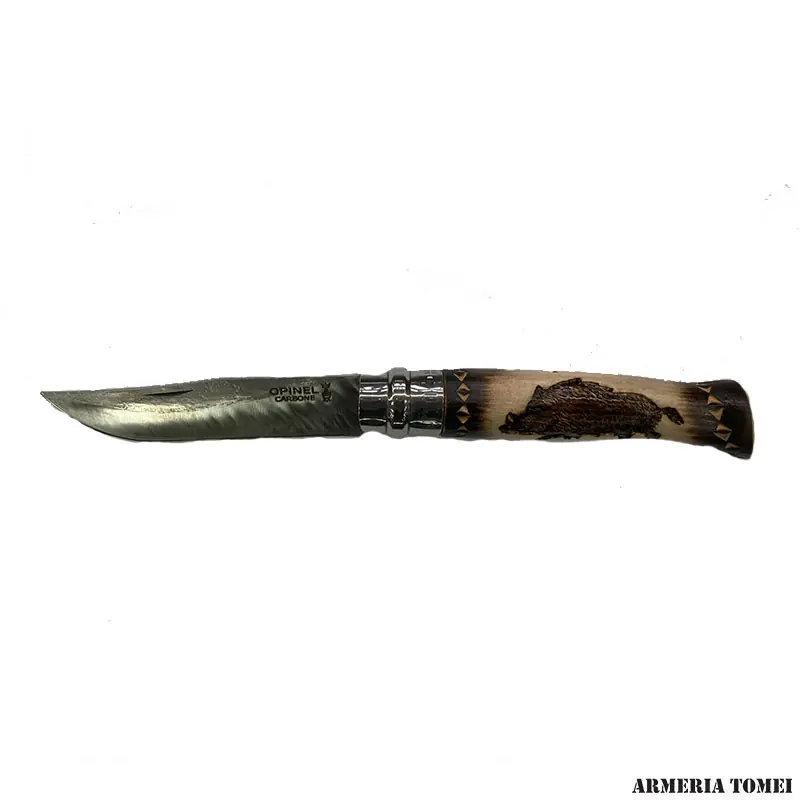 COLTELLO - OPINEL - N.10 CARBONIO CON DISEGNO - CINGHIALE - REALIZZATO A MANO