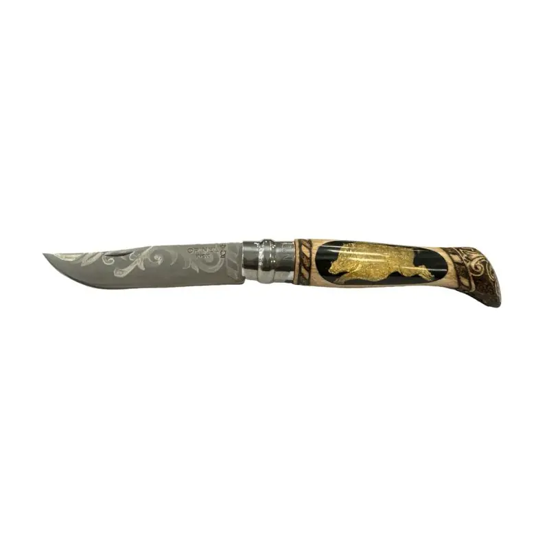 COLTELLO - OPINEL - N.9 INOX OTTONE/RESINA/PIROGRAFIA REALIZZATO A MANO