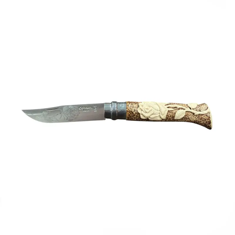 COLTELLO - OPINEL - N.8 INOX REALIZZATO A MANO CON INTAGLIO ROSA