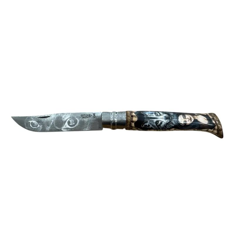 COLTELLO - OPINEL - N.12 CARBONE REALIZZATO A MANO CON LUPO E DONNA