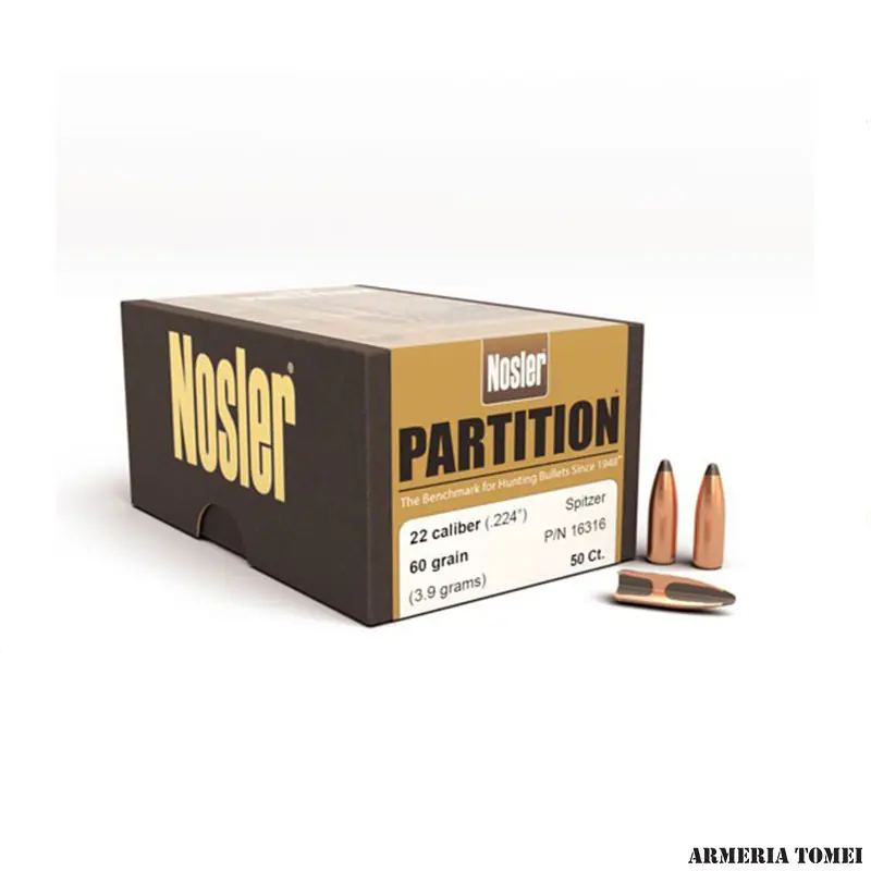 PALLE - NOSLER - PARTITION 22 CAL. .224 " SPITZER 60GR CONF. 50 PZ.
