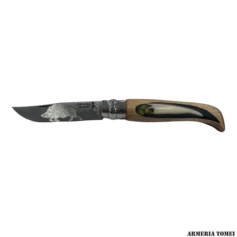 COLTELLO - OPINEL - N.9 CARBONE REALIZZATO A MANO CON DENTE DI CINGHIALE