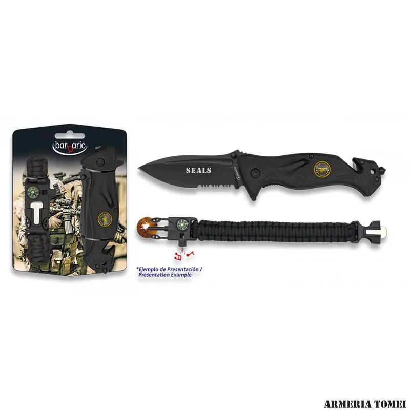 BARBARIC - COLTELLO CHIUDIBILE + PARACORD BUSSOLA,ACCIARINO,FISCHIETTO