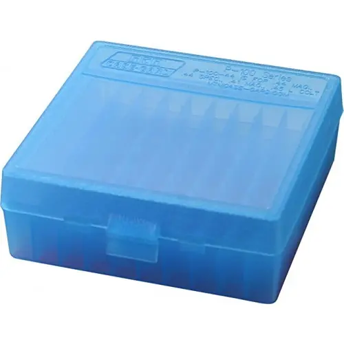 MTM P-100-44 Box Rigido Portacolpi calibro 44Magn., 45Colt da 100 colpi BLU Trasparente