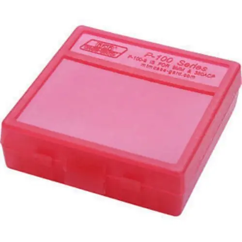 MTM P-100-44 Box Rigido Portacolpi calibro 44Magn., 45Colt da 100 colpi ROSSO Trasparente