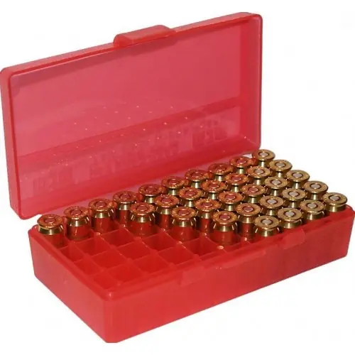 MTM P50-38 Box rigido portacolpi calibro 38/357 da 50 colpi ROSSO TRASPARENTE