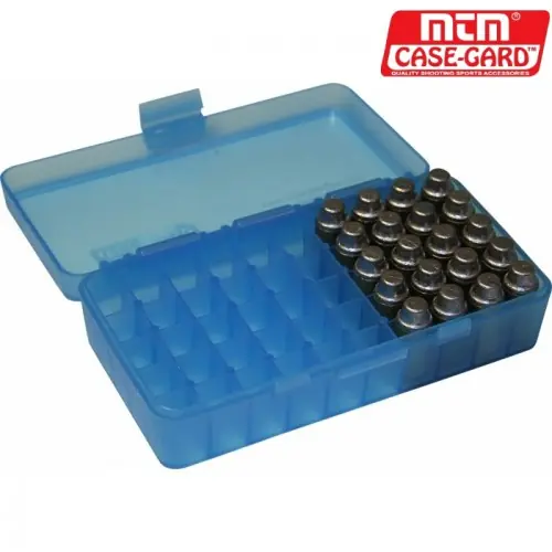 MTM P50-44-10 Box rigido portacolpi calibro 44 Magnum da 50 colpi BLU TRASPARENTE