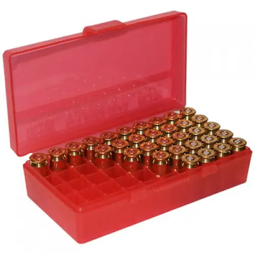 MTM P50-44-10 Box rigido portacolpi calibro 44 Magnum da 50 colpi ROSSO TRASPARENTE