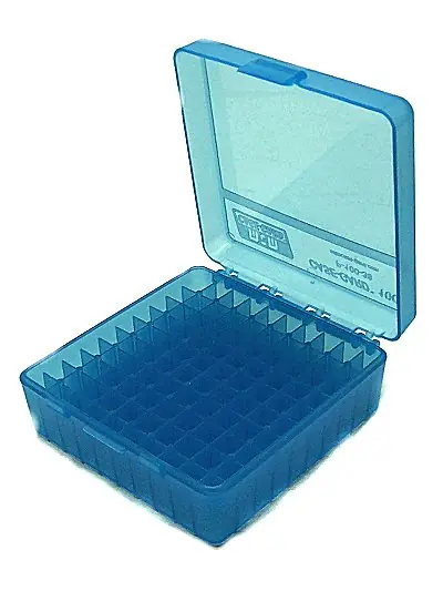 Scatola MTM in plastica 100 colpi porta munizioni calibro 38 357 mag