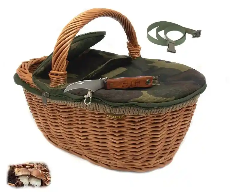 Cesta paniere Delfiero in vimini per funghi con coltello,
