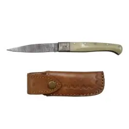 Coltellino Mascu Pattada lama DAMASCO 10 cm manico in corno bianco